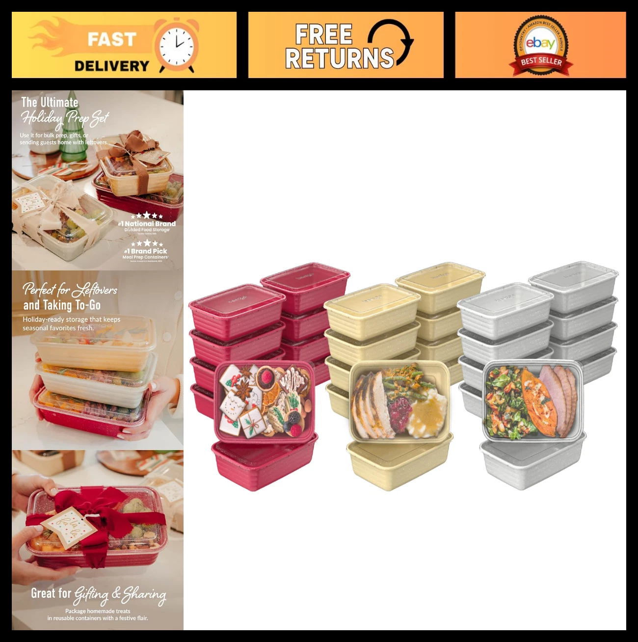 60-Piece Holiday Food Storage Set - 1-Compartment Meal Prep Containers, BPA-Free
