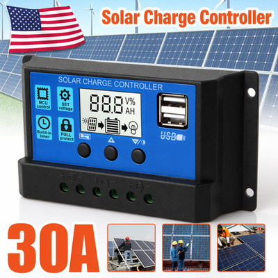30A 12V/24V Solar Panel Battery Charge Controller LCD Auto Regulator Dual USB US