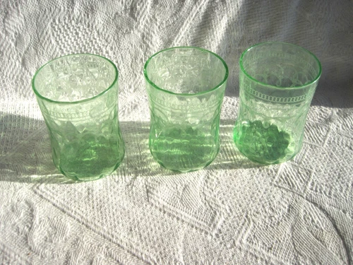 Set Of 3 Vintage Uranium Green Depression Glass Tumblers 4"  Etched