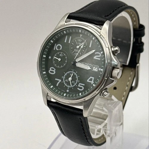 SEIKO 7T92 0BB0 Wristwatch Green Dial Quartz Chronograph Genuine Timepiece