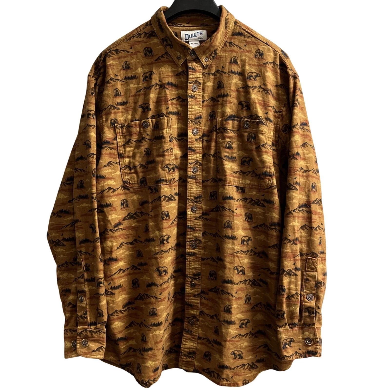 Duluth Shirt Mens XLT Brown Button Down Flannel Outdoor Mountain Bear Print
Opens in a new window or