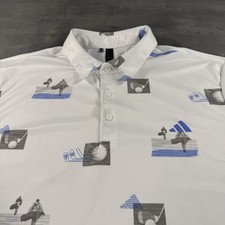 Adidas Golf Polo Shirt Mens Large White Black Blue Performance All Over Print