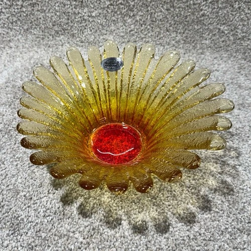 Vtg Blenko Glass Candy Dish/Decor  Ombre Burnt Orange Daisy/Sunflower   Signed