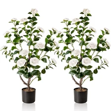Artificial Camellia Tree,2Pack 3.2FT Faux White Camellia Plants in Pots,Lifel...