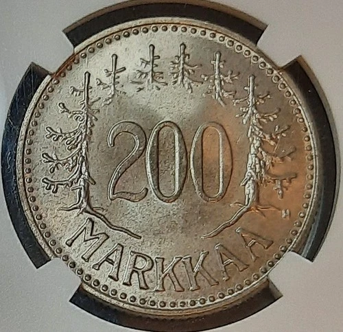 1958-H Finland 200 Markkaa Silver Coin, NGC MS66