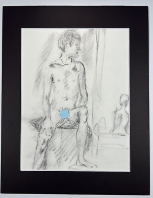Vtg Naked Male Model Posing Sitting Charcoal Drawing 14x11  Fine Art