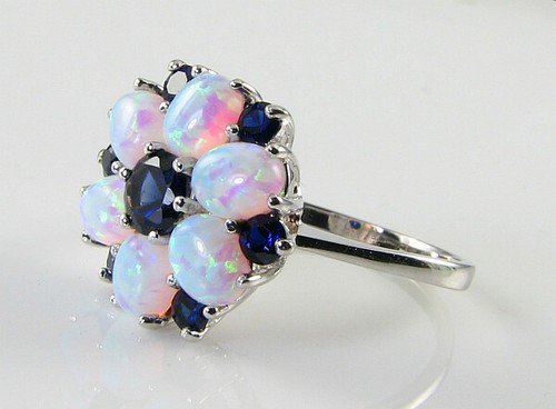 9k 9CT WHITE GOLD SAPPHIRE OPAL ART DECO INS DAISY LARGE RING FREE RESIZE - Picture 4 of 6