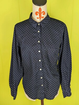 H&M LOGG Womens 12 Long Sleeve Shirt Polka Dot Button Up Navy Blue 100%  Cotton