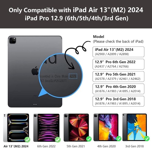 Keyboard Folio Case for iPad Air 13" M2 2024, Pro 12.9"6th 5 4 3 Pencil Holder - Picture 2 of 17
