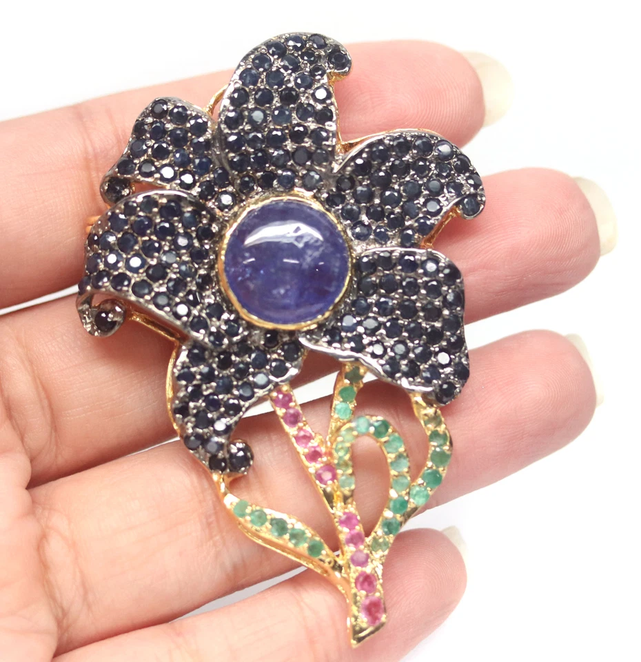 14 mm. Blue Tanzanite, Sapphire, Ruby & Emerald Brooch Silver 925 Sterling - Image 2 of 4