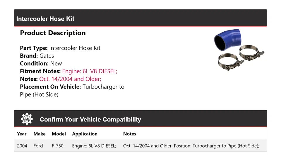 Kit de manguera intercooler para Ford F-750 2004 turbocompresor a tubería (lado caliente) puertas Foto 2 de 3