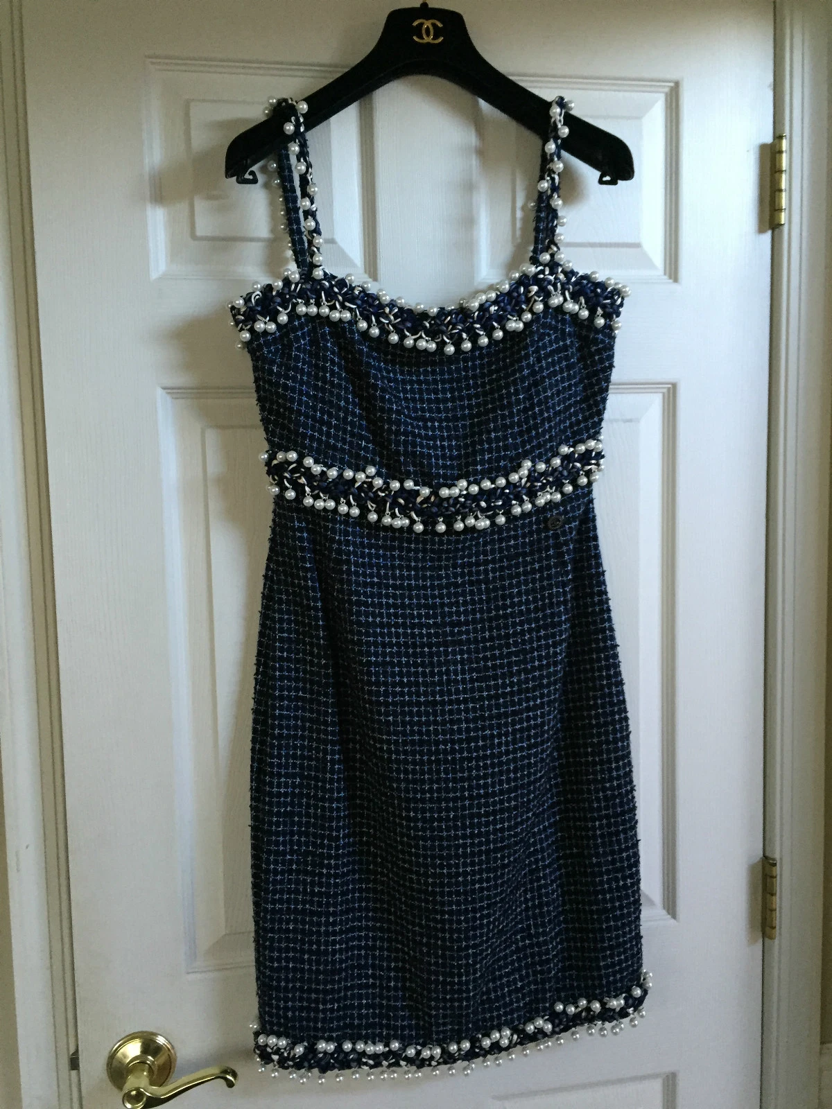 Abito impreziosito CHANEL 10P NUOVO FANTASY TWEED Navy Ecru PERLA FR38 FR40 $6 2K