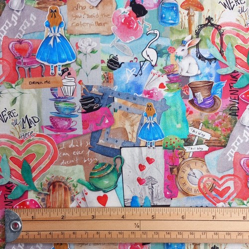 100% Cotton Fabric Nutex Alice In Wonderland Collage Tea Party Story 112cm Wide - Picture 2 of 3