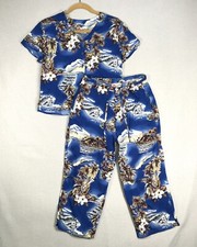 VINTAGE Hilo Hattie Hawaiian Shirt Pants Set Women Small Blue Floral Rayon J23