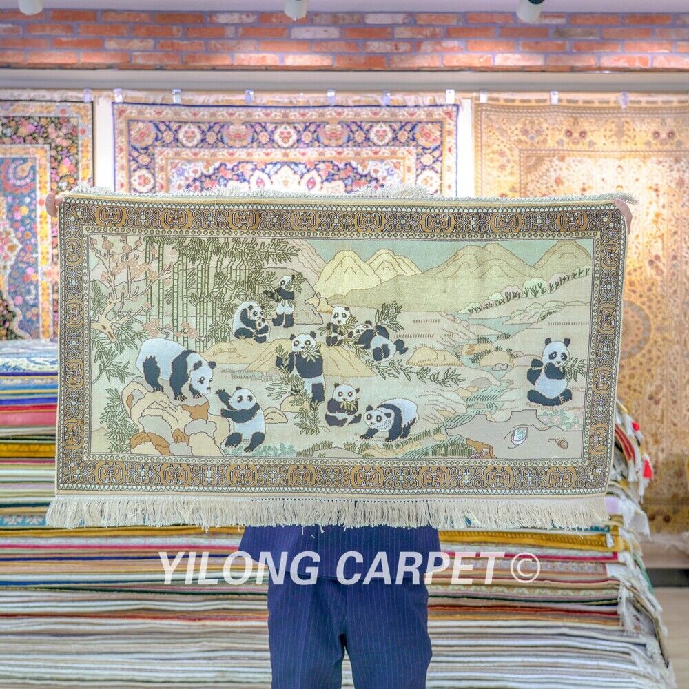 3.5'x2' Panda Tapestry Silk Rug Handknotted Wall Hanging Carpet 073H