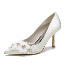 Womens Satin Pointy Toe Diamante Flower High Heel Pump Wedding Banquet Shoes