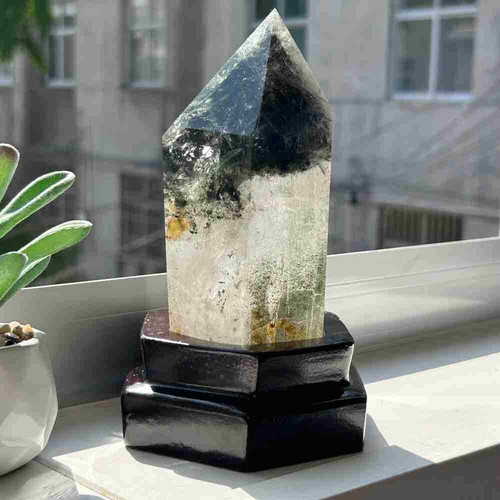 Varita torre de cristal obelisco de cuarzo fantasma natural de 1,2 lb punta y soporte - Imagen 8 de 22