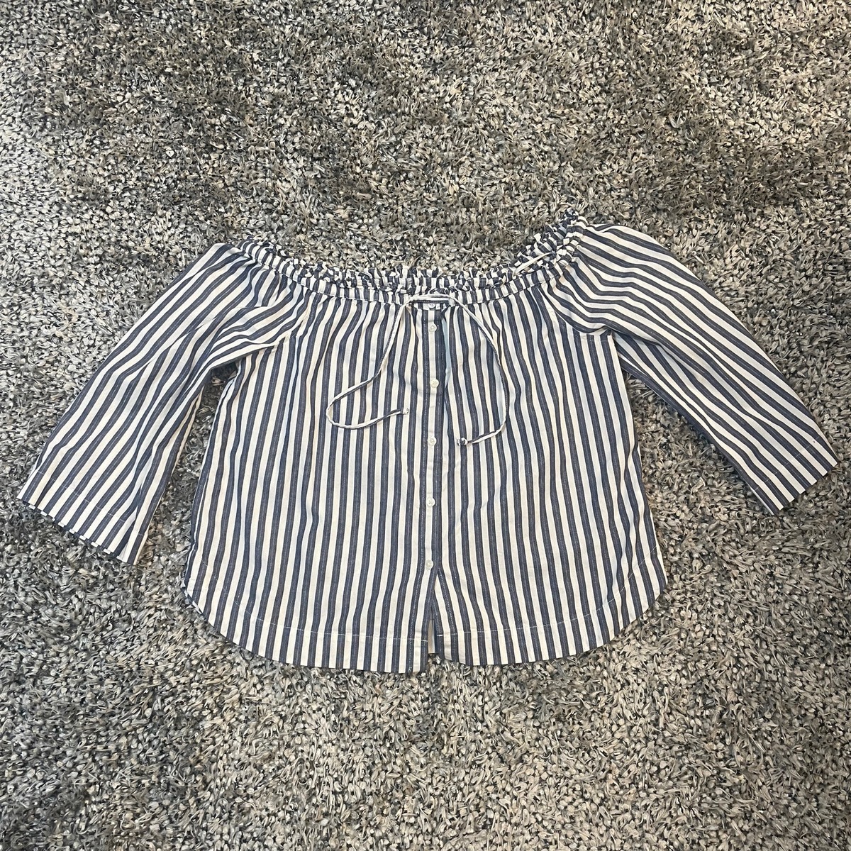123専用 Madewell Sz Large Top Shimmer Stripe Off Shoulder Blue White Shirt