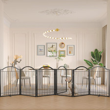 Metal No-Assembly Freestanding Dog Gate with Door Walk Through, Extra Wide 144",