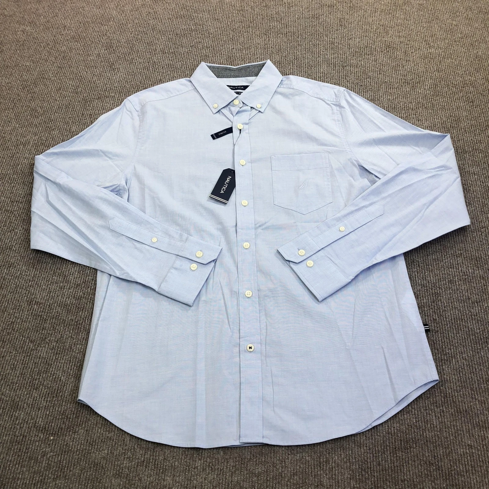 NEW Nautica Shirt Mens Medium Blue Long Sleeve Button Up Classic Fit Stretch image 1