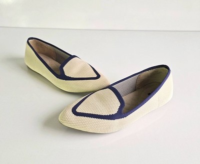 BIRDIES Blackbird Knit Flats Eggshell Navy Sz 7.5 Pointed Toe Loafers Blue Beige