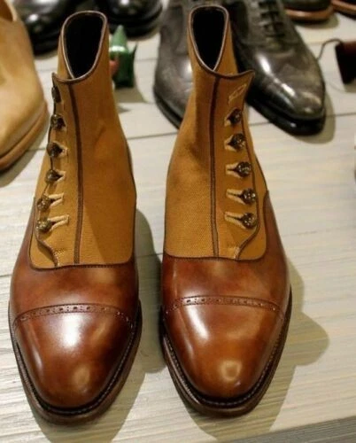 Handmade Men Two Tone Suede & Leather Brown & Tan Ankle High Button Boots-Shoes