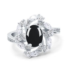 Floral Oval Natural Black Onyx Cocktail Wedding Ring 925 Sterling Silver