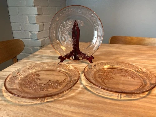 Set of 3 Federal Glass Sharon Cabbage Rose Pink Depression Era 9” Dinner Plate