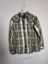 Roar Signature Embroidered Spellout Button Up Shirt Mens Sz L Green Blue Plaid