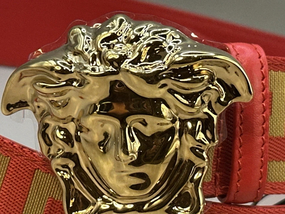 Auténtico cinturón de tela y cuero Versace La Medusa Greca rojo/dorado para hombre talla 85/34 Foto 4 de 4