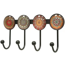 4 Hooks Round Brown Pattern Decorative Wall Hooks for Hanging Hat Key Towel