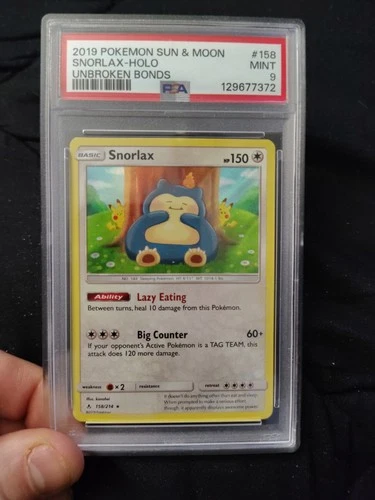 Pokemon 2019 Sun & Moon Unbroken Bonds Snorlax Holo Rare #158/214 PSA 9 Mint