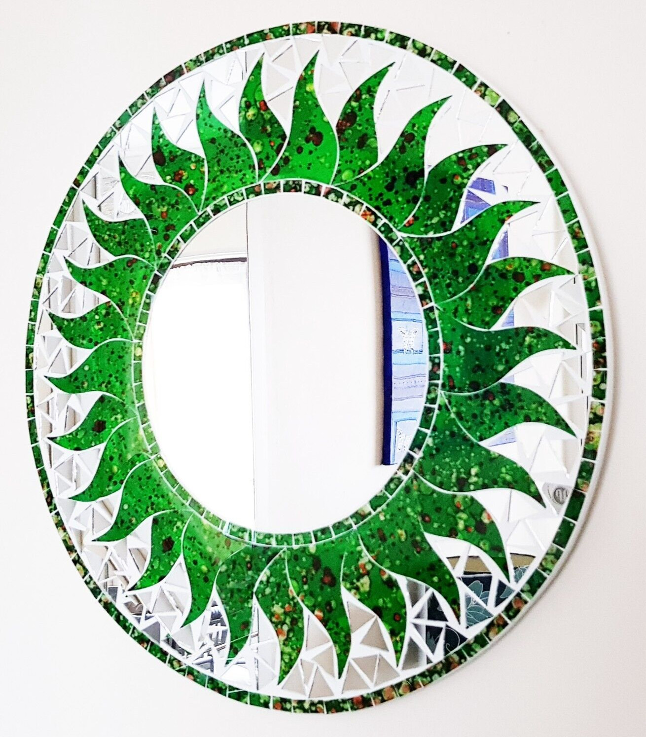 Round mosaic green speckled sun design wall mirror, hand made in Bali, 50cm-NEW