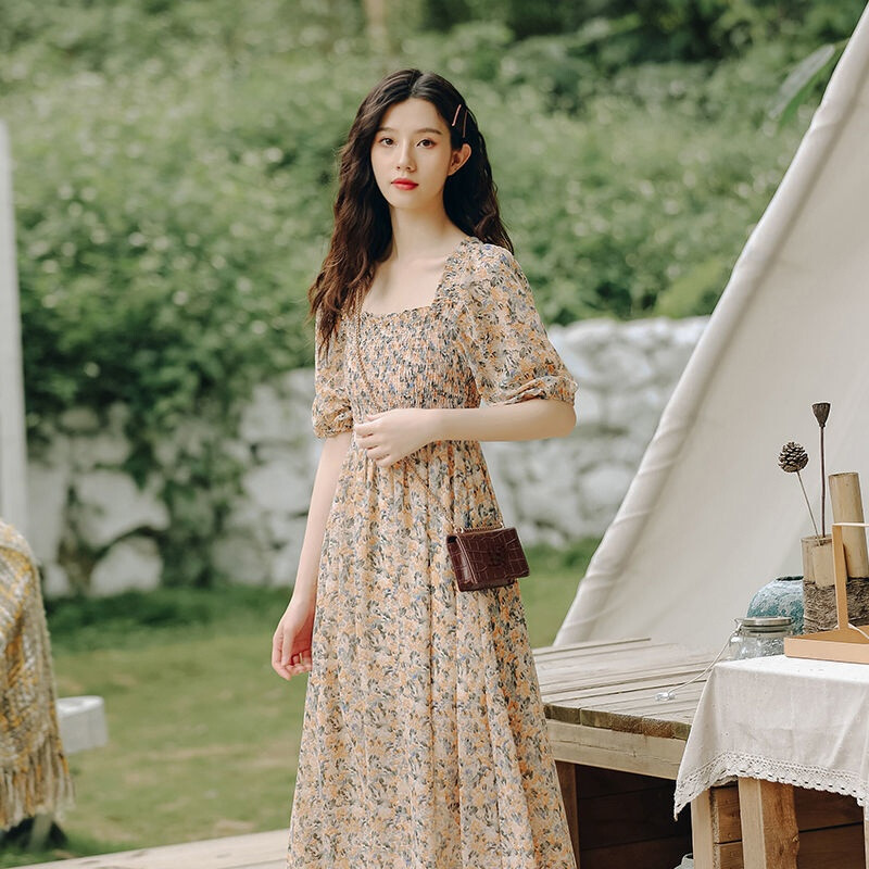 Lady Floral Chiffon Long Dress Square Collar Puff Half
