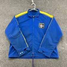 VINTAGE Michelin Jacket Men L Blue Yellow Full Zip Mechanic Stripe Swingster 80s