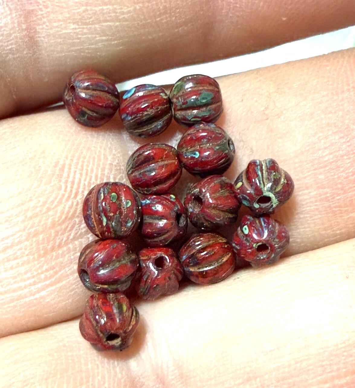 (10) Huron Indian Red Jasper Color Melon Glass Indian Trade Bead Fur Trade 1800s