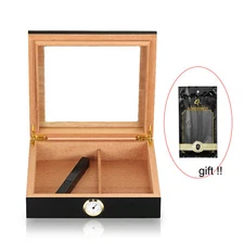 Black 30ct Cigar Humidor Storage Box Desktop Glasstop Humidifier Hygrometer Gift