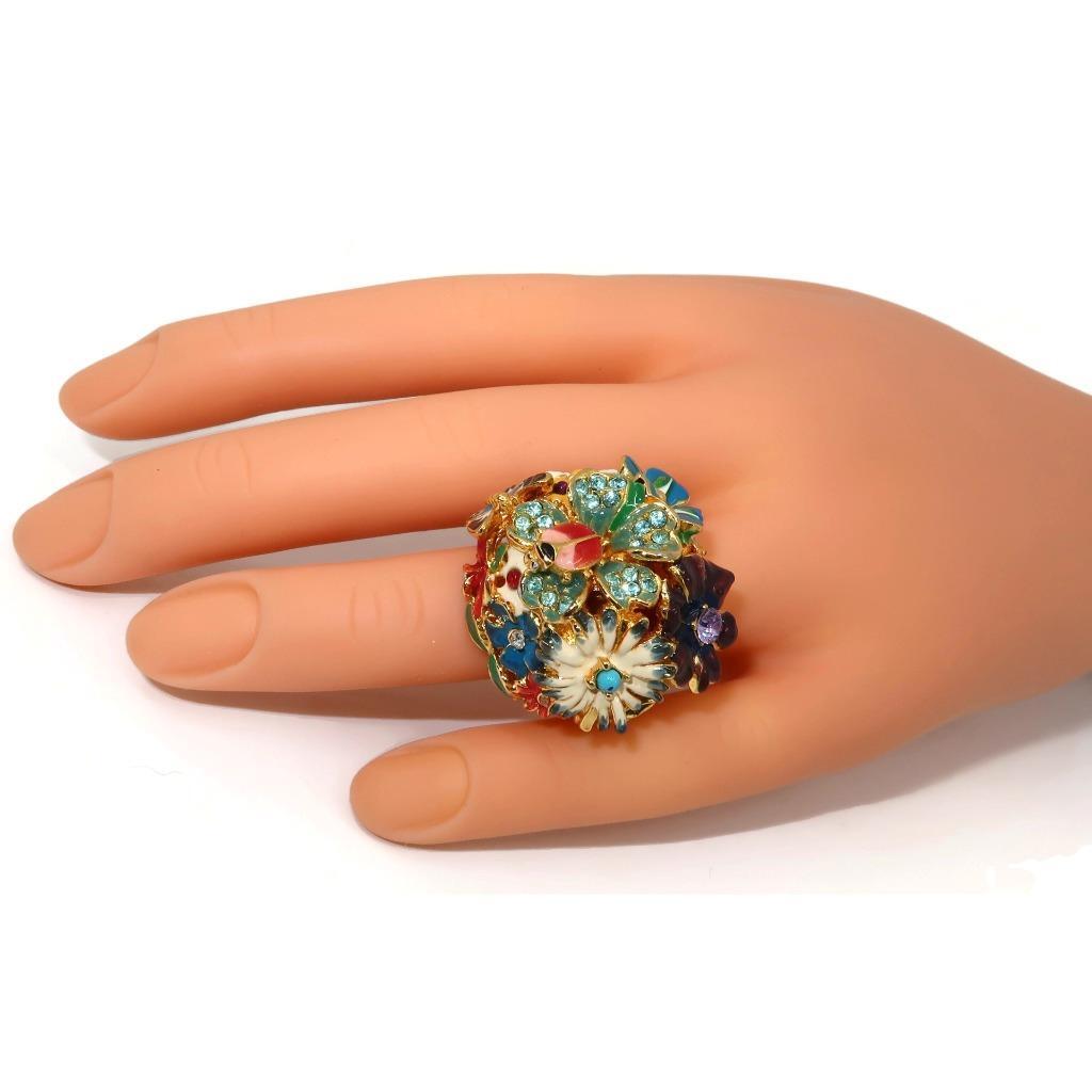 Vintage Kenneth Jay Lane Signed Enamel and Rhinestone Ring Garden
