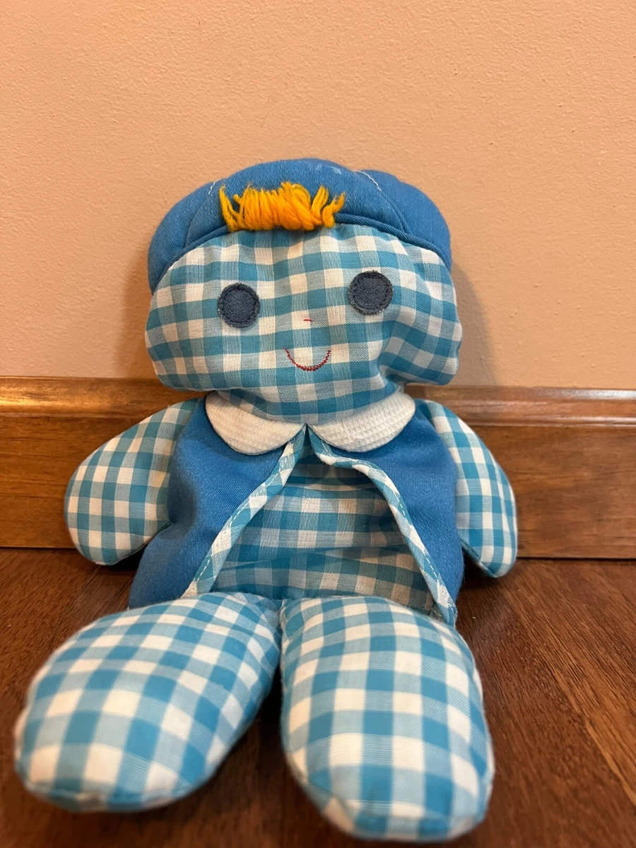 PLUSH Fisher Price Blue Baby Boy Cholly Dolly Cloth Gingham Plaid Doll Rattle 77