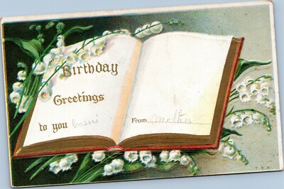 postcard Birthday Greetings to you  -- book and flowers  posted 1914