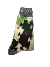 2 pairs womens knee high crew socks size 7-12 green camo puzzle piece stripes
