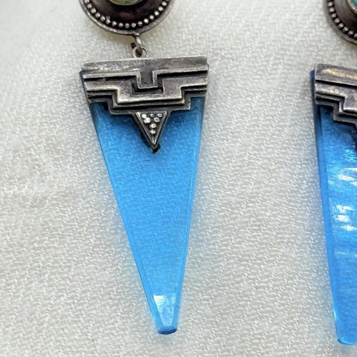 Stunning Vtg Sterling & Turquoise Glass Art Deco Drop Dangle Triangle Earrings - Picture 6 of 11