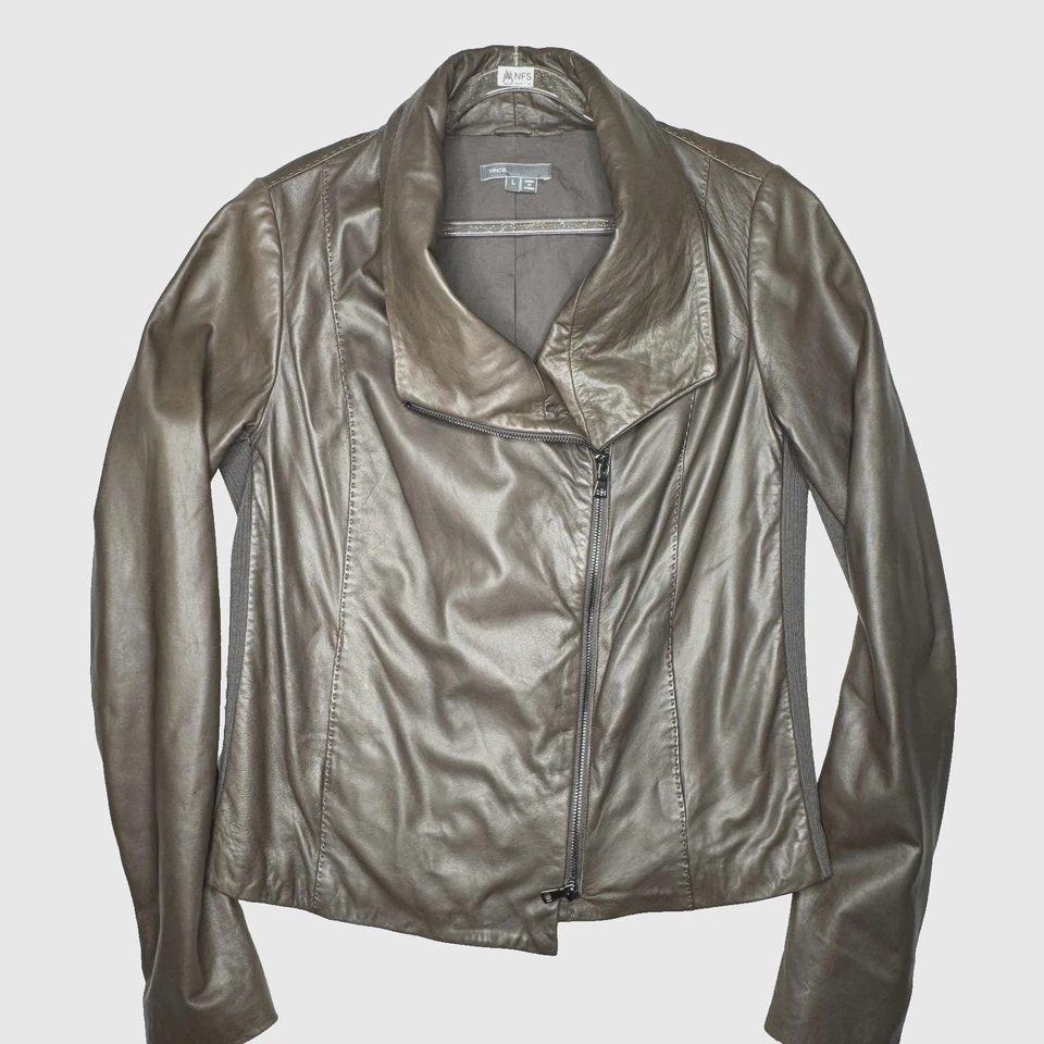 Chaqueta Vince Mujer Grande Marrón 100% Cuero Asimétrica Moto Cuello Embudo Cremallera Foto 2 de 4