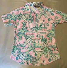 Golf Shirt Womens M Pink & Palm Quarter-Zip Soneven Fitted Curvy Bottom Summer