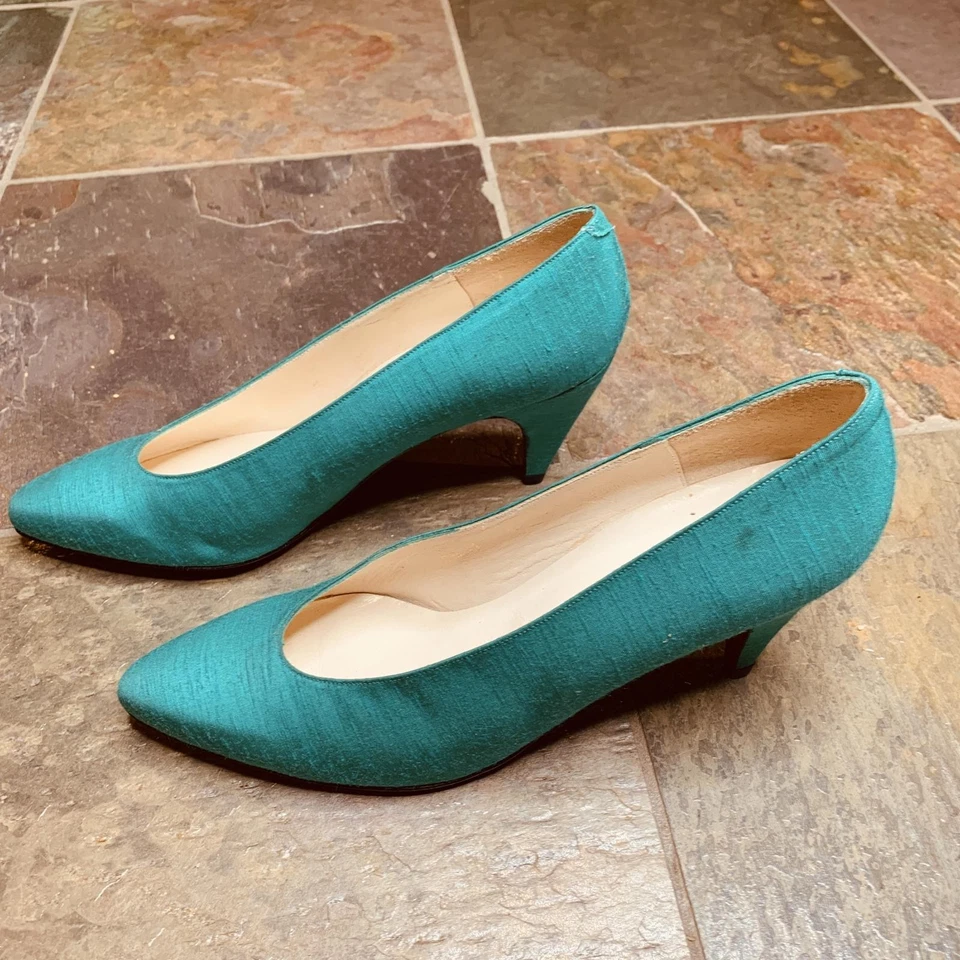 Zapatos de tacón vintage Evan Picone verde azulado suela de cuero satinado España (f9) Foto 3 de 4