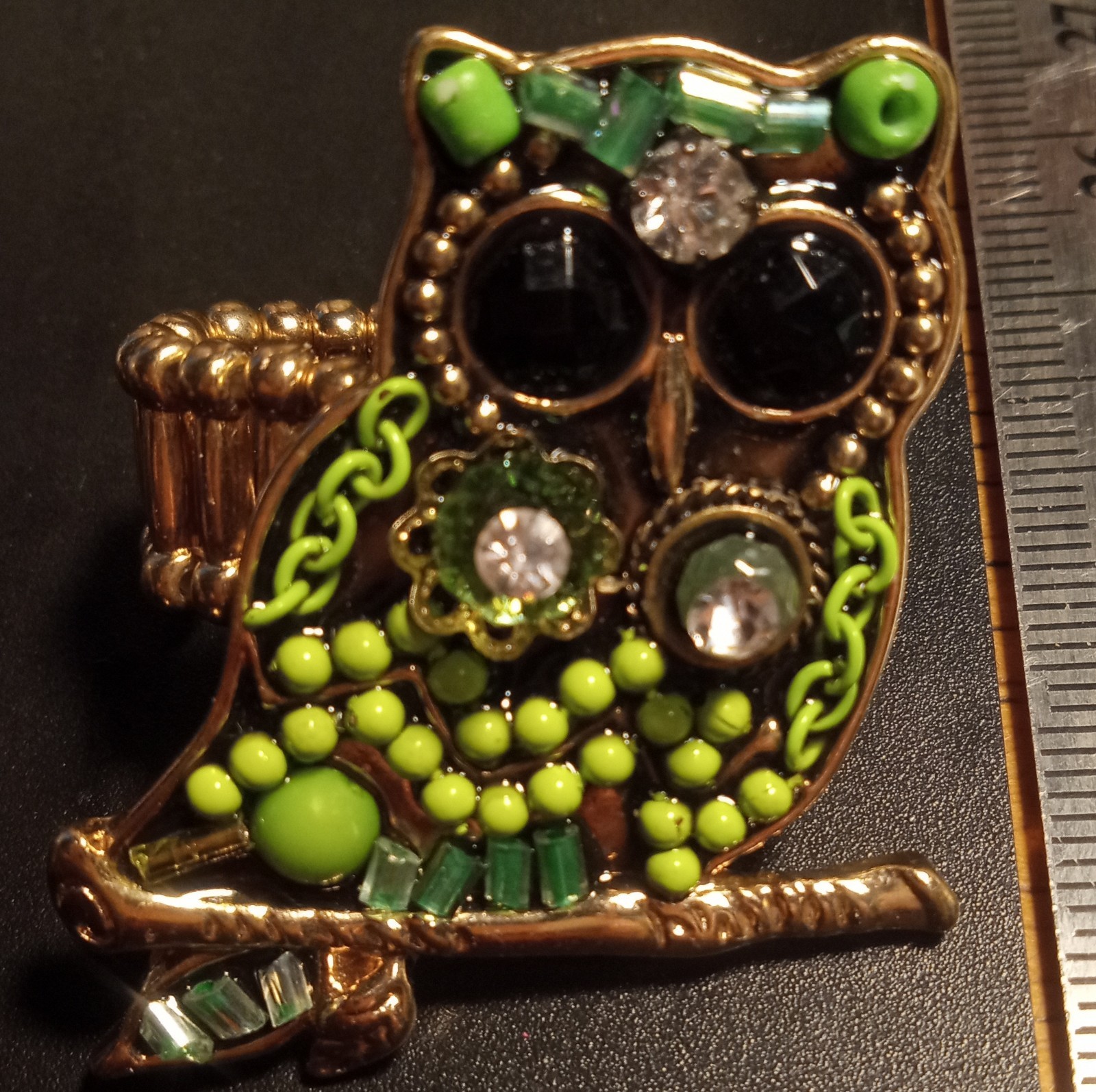 Green Owl Adjustable Statement Ring Gold Tone Rhi… - image 9