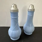 Vintage Jeanette Delphite Milk Blue Glass Basket Weave Pattern Salt & Pepper set