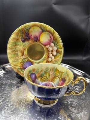 Seltene Aynsley Orchard Gold Kobaltblau Teetasse Untertasse Signiert D Jones