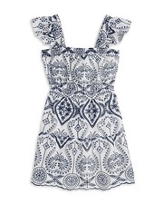 AQUA Embroidered Dress Girls L 10/12 White/Navy Square Neck Flutter Sleeve
