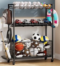Large Garage Sports Equipment Organizer with Wheels, 3-Tier Ball Storage Rack...
